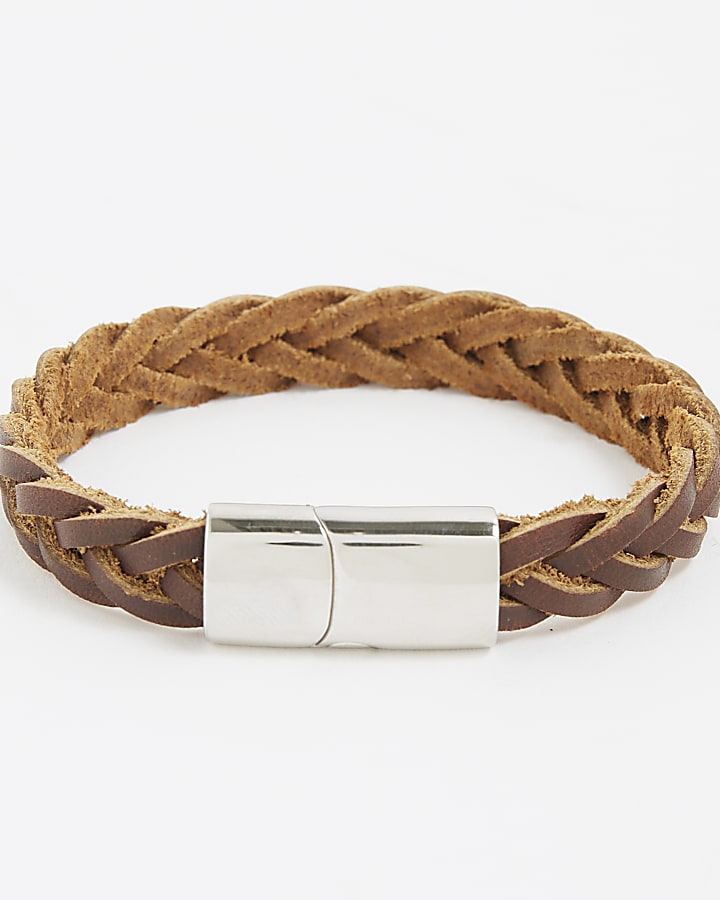Brown Leather Plait Bracelet