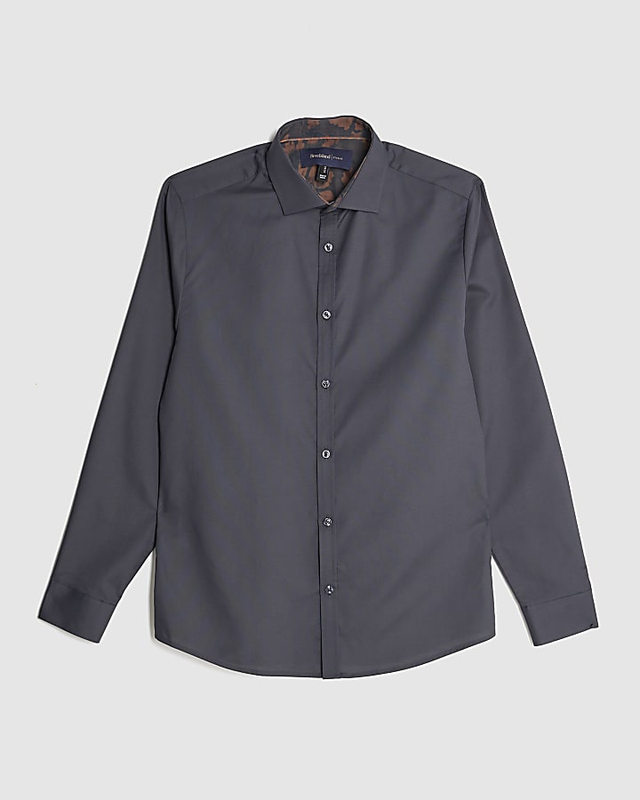 Grey Slim Fit Floral Trim Shirt