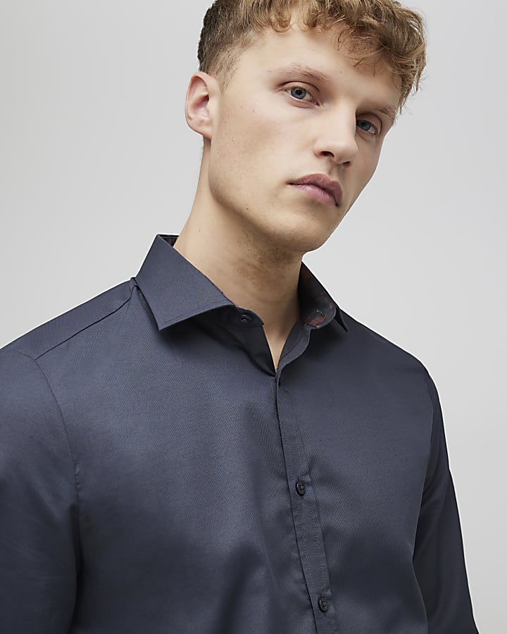 Grey Slim Fit Floral Trim Shirt