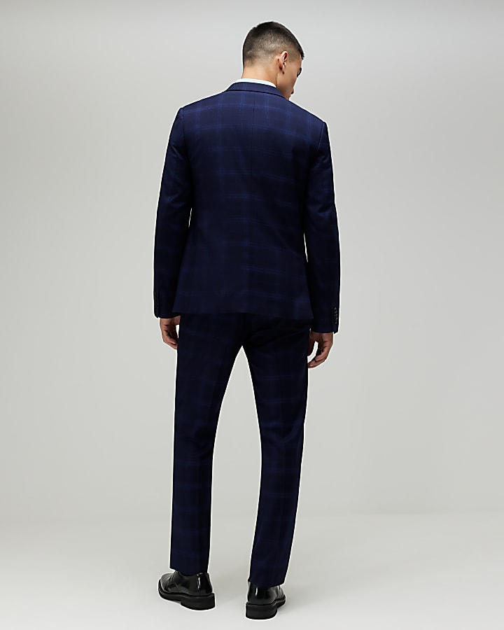 Navy Slim Fit Check Suit Trousers