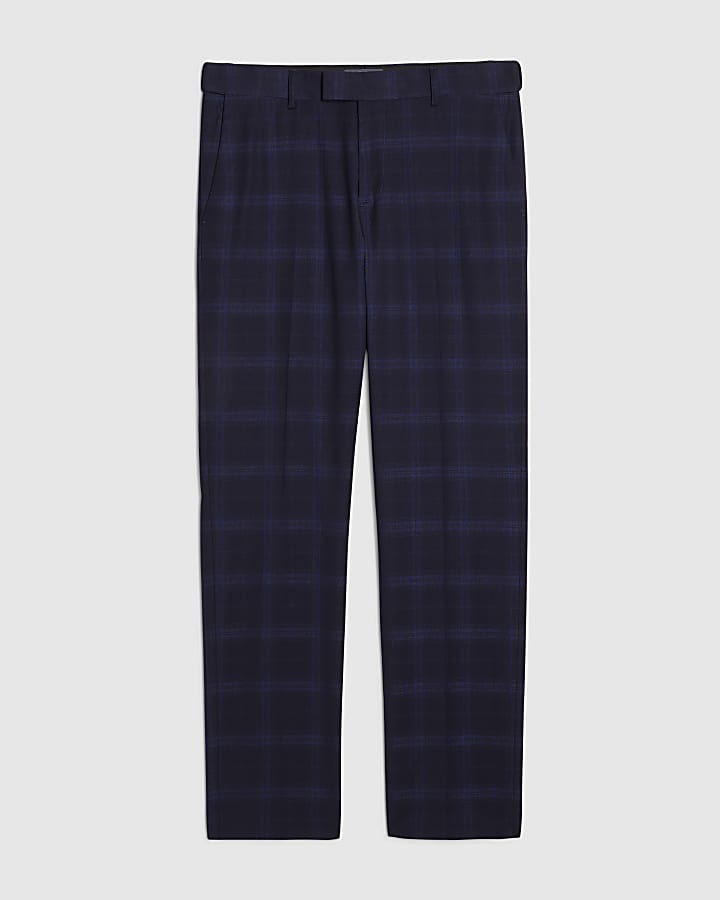 Navy Slim Fit Stretch Check Suit Trousers