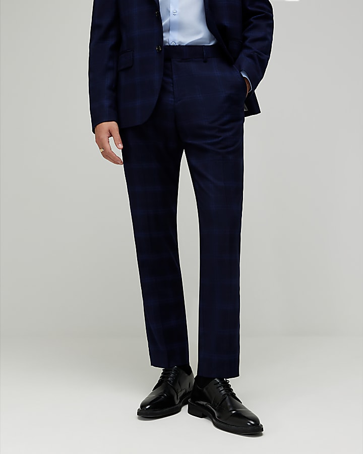 Navy Slim Fit Check Suit Trousers