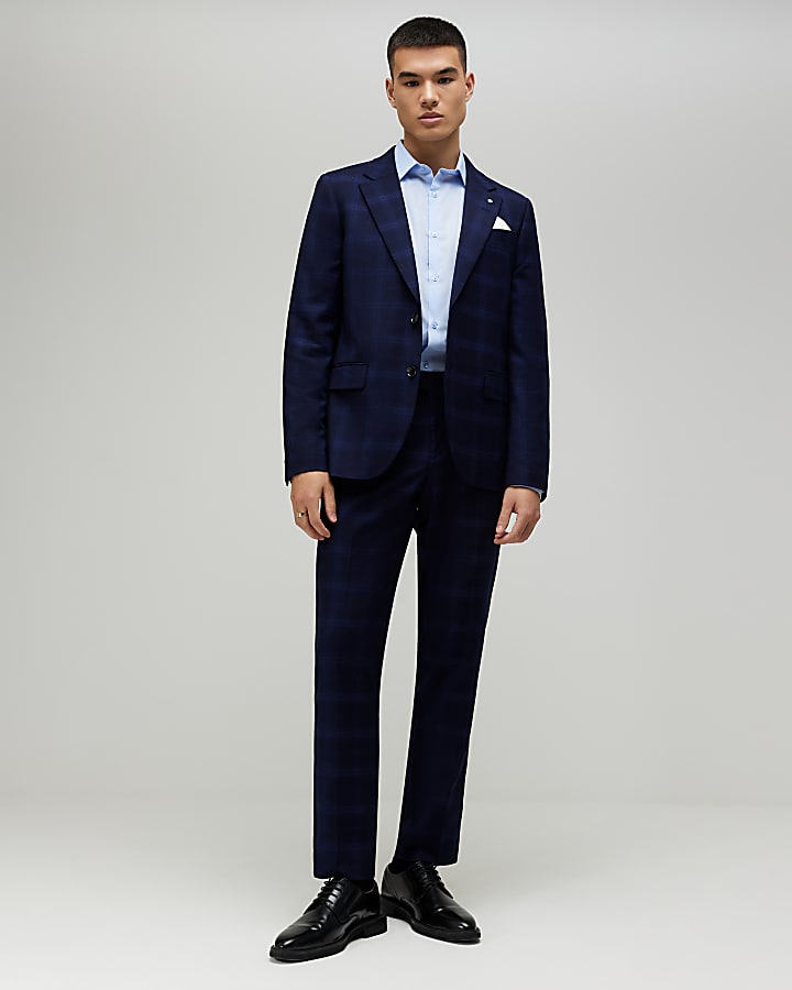 Navy Slim Fit Check Suit Trousers