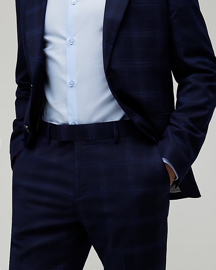 Navy Slim Fit Check Suit Trousers