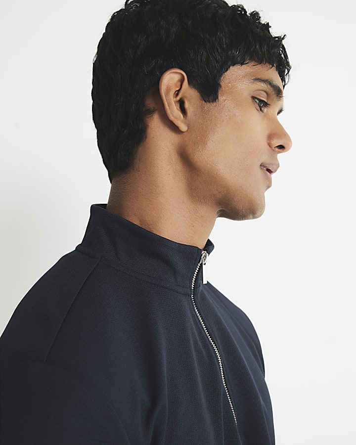 Navy Slim Fit Half Zip Funnel Sweatshirt