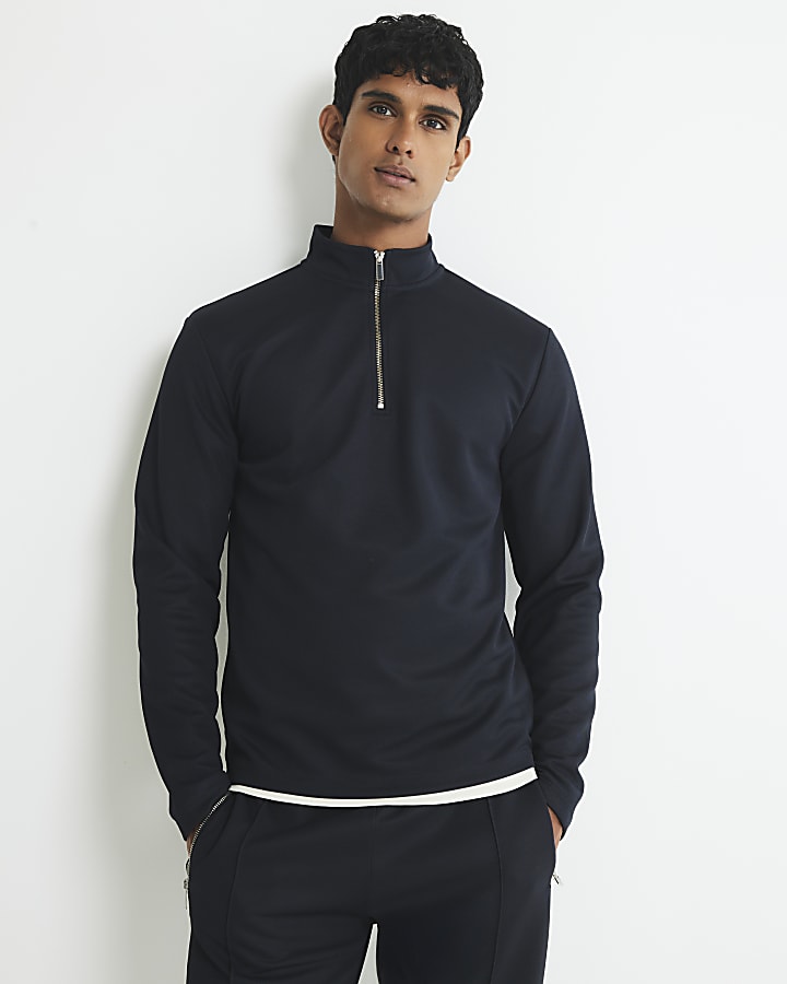Navy Slim Fit Half Zip Funnel Sweatshirt