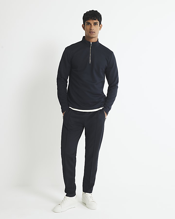 Navy Slim Fit Half Zip Funnel Sweatshirt