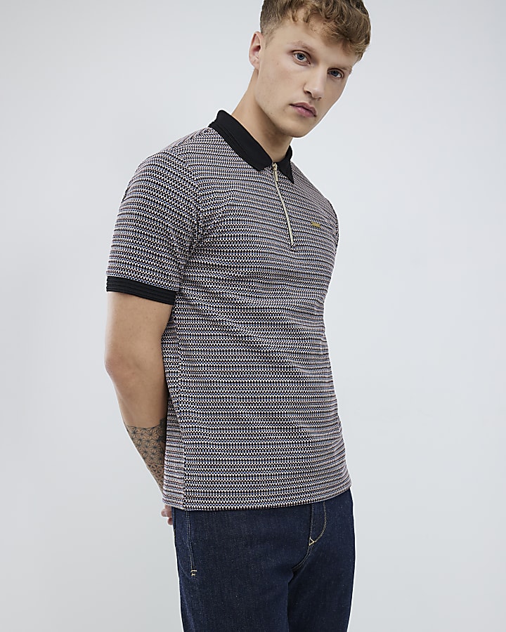 Black Slim Fit Stripe Zip Polo Shirt