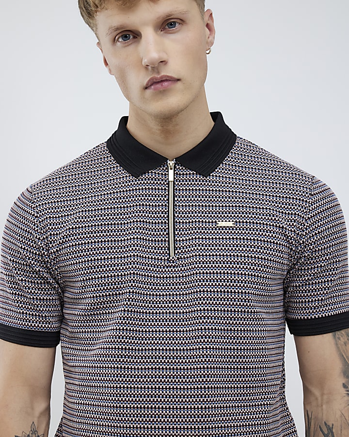 Black Slim Fit Stripe Zip Polo Shirt