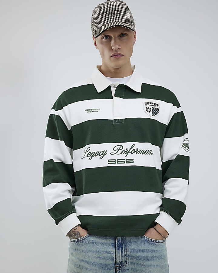Green Regular Fit Penrose Striped Rugby Shirt
