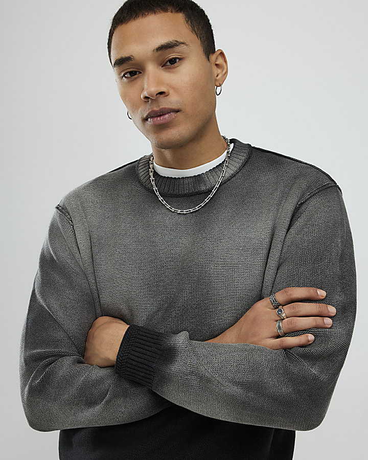 Black Relaxed Fit Garment Dye Jumper