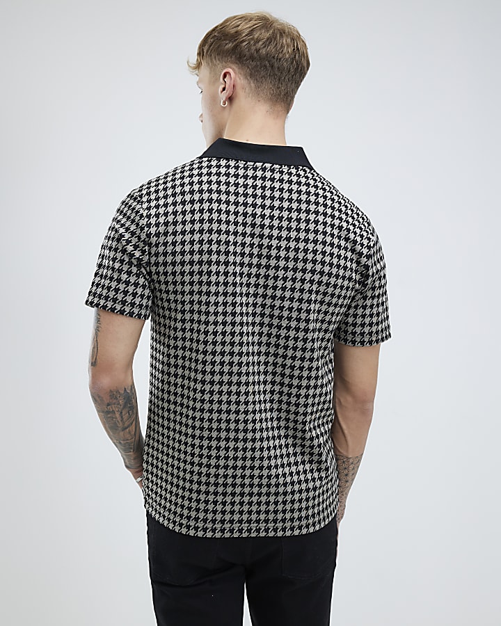 Black Slim Fit Open Neck Dogtooth Polo Shirt