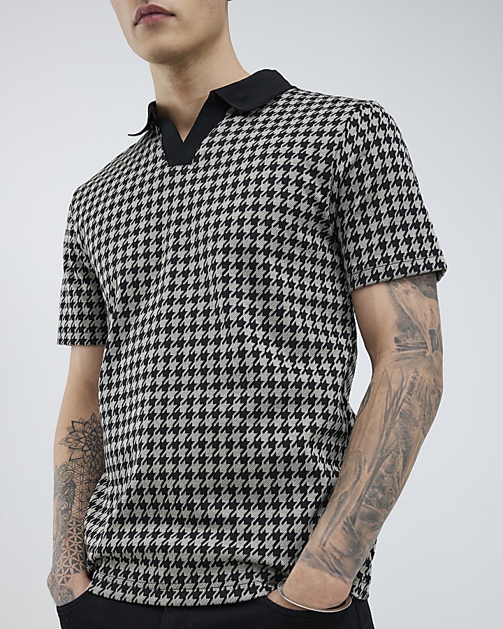 Black Slim Fit Open Neck Dogtooth Polo Shirt