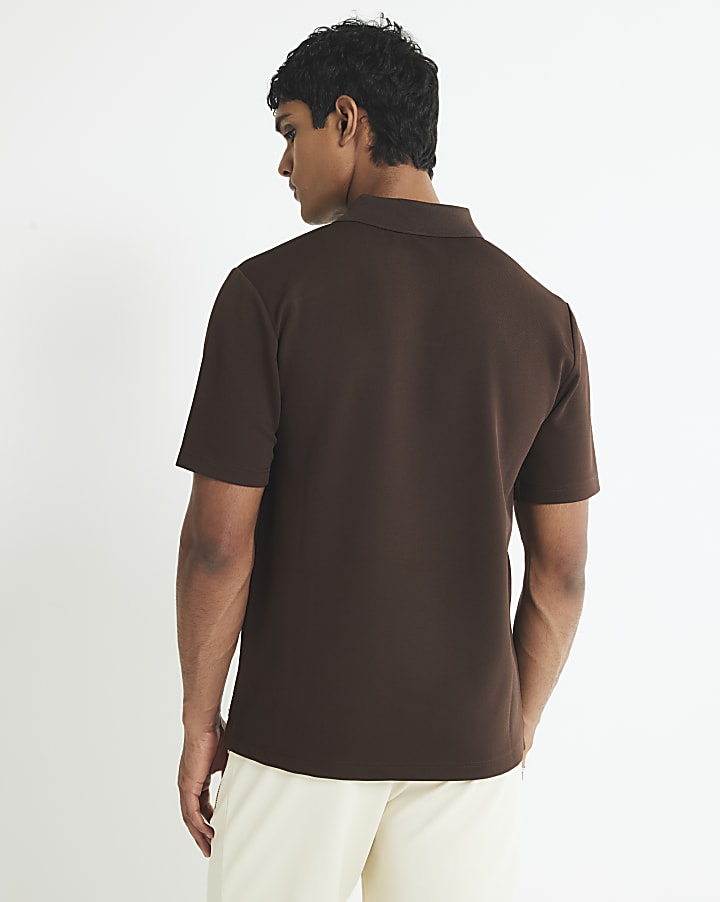 Brown Slim Fit Pintuck Open Collar Polo Shirt