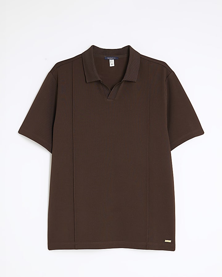 Brown Slim Fit Pintuck Open Collar Polo Shirt