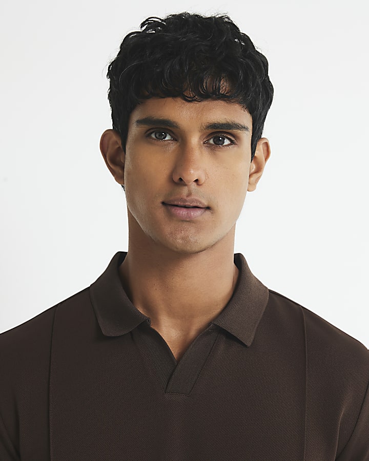Brown Slim Fit Pintuck Open Collar Polo Shirt