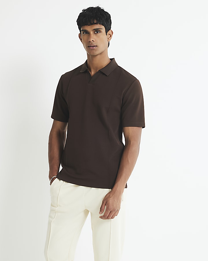 Brown Slim Fit Pintuck Open Collar Polo Shirt