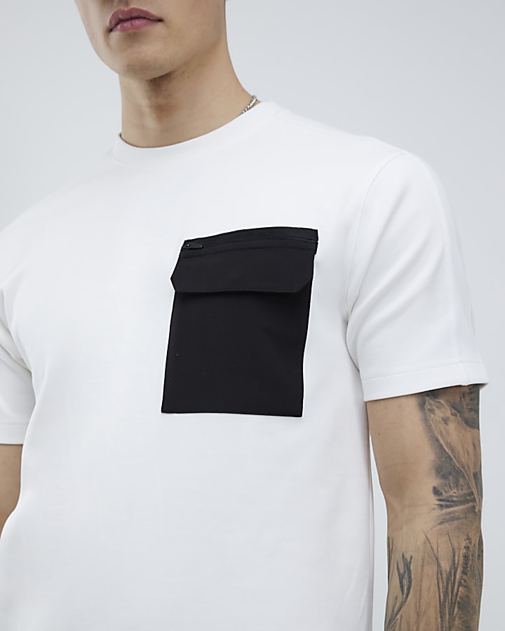 White Slim Fit Nylon Chest Pocket T-Shirt