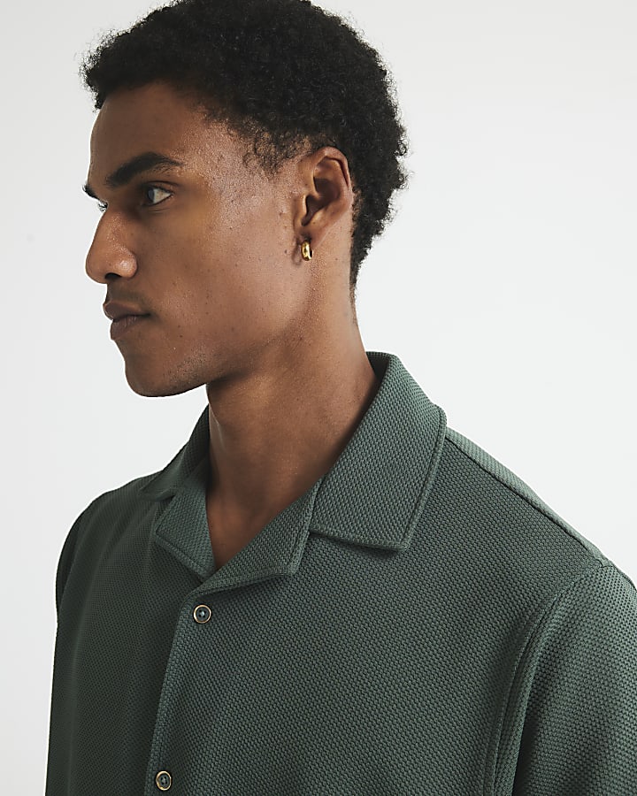 Green Slim Fit Textured Revere Shirt