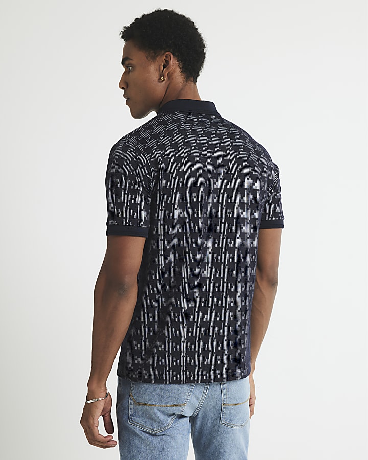 Navy Slim Fit Houndstooth Polo Shirt