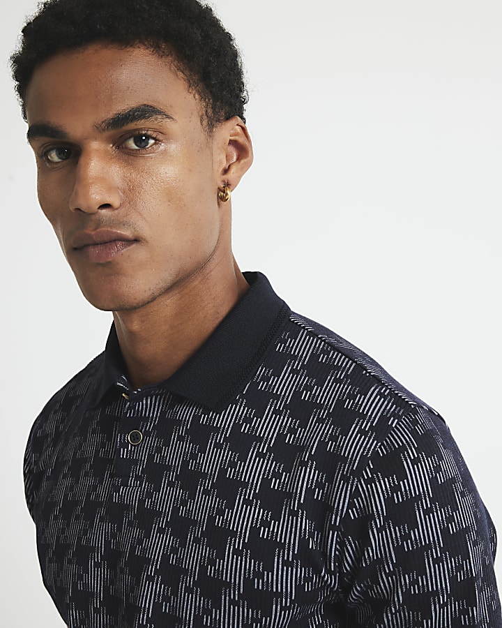 Navy Slim Fit Houndstooth Polo Shirt