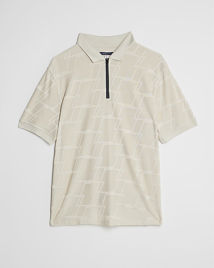 Beige Slim Fit Geometric Polo Shirt