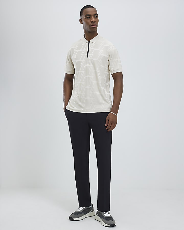 Beige Slim Fit Geometric Polo Shirt