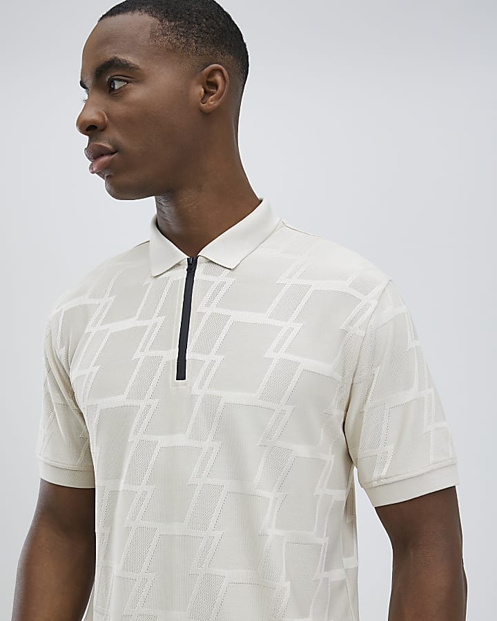 Beige Slim Fit Geometric Polo Shirt