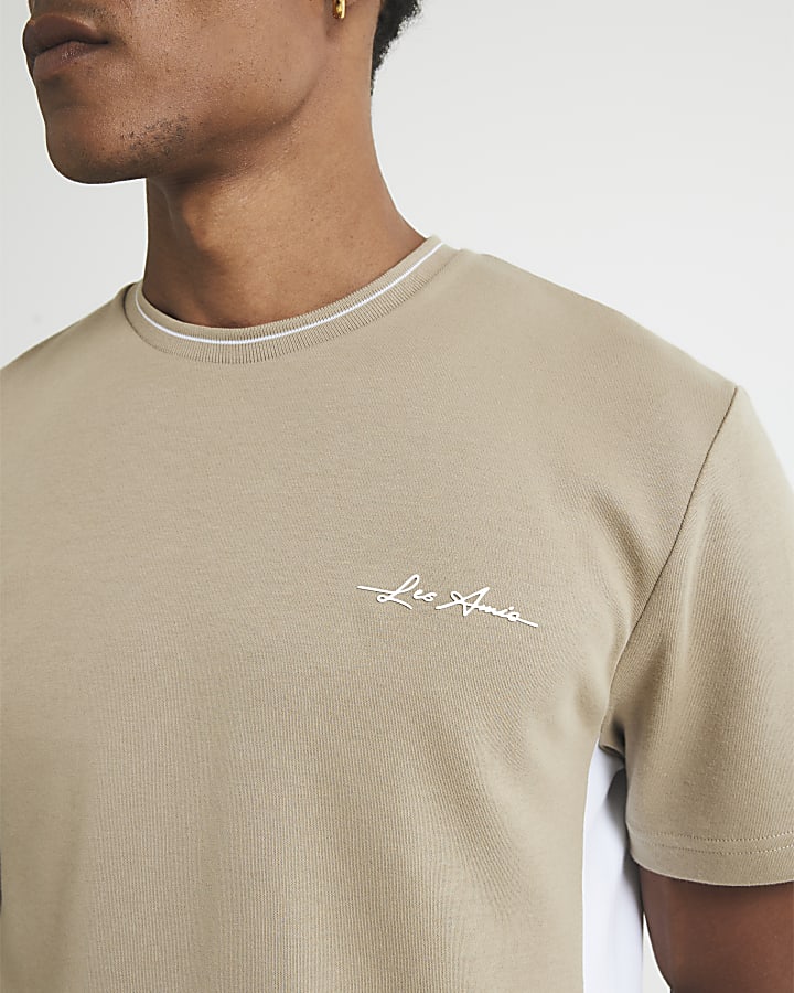 Beige Slim Fit Colour Block T-Shirt