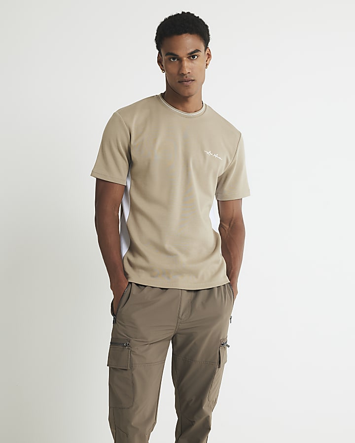 Beige Slim Fit Colour Block T-Shirt