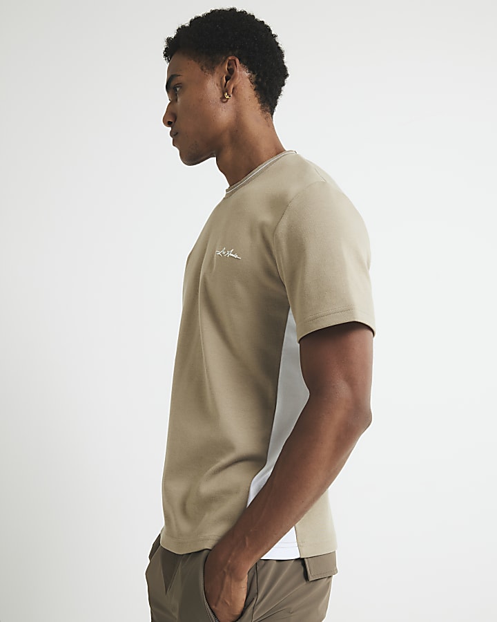 Beige Slim Fit Colour Block T-Shirt