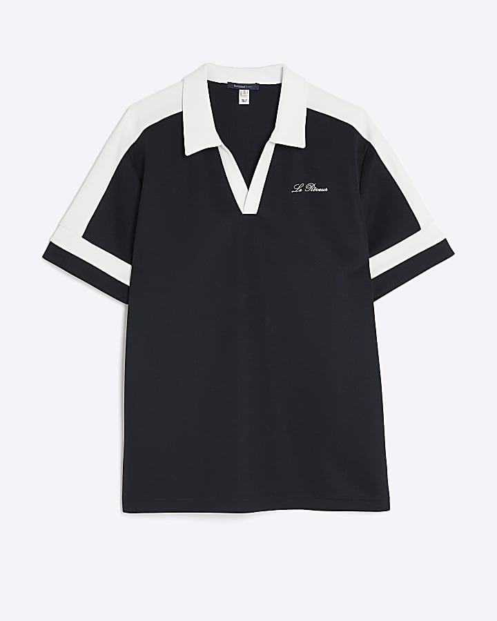 Navy Slim Fit Open Collar Polo Shirt