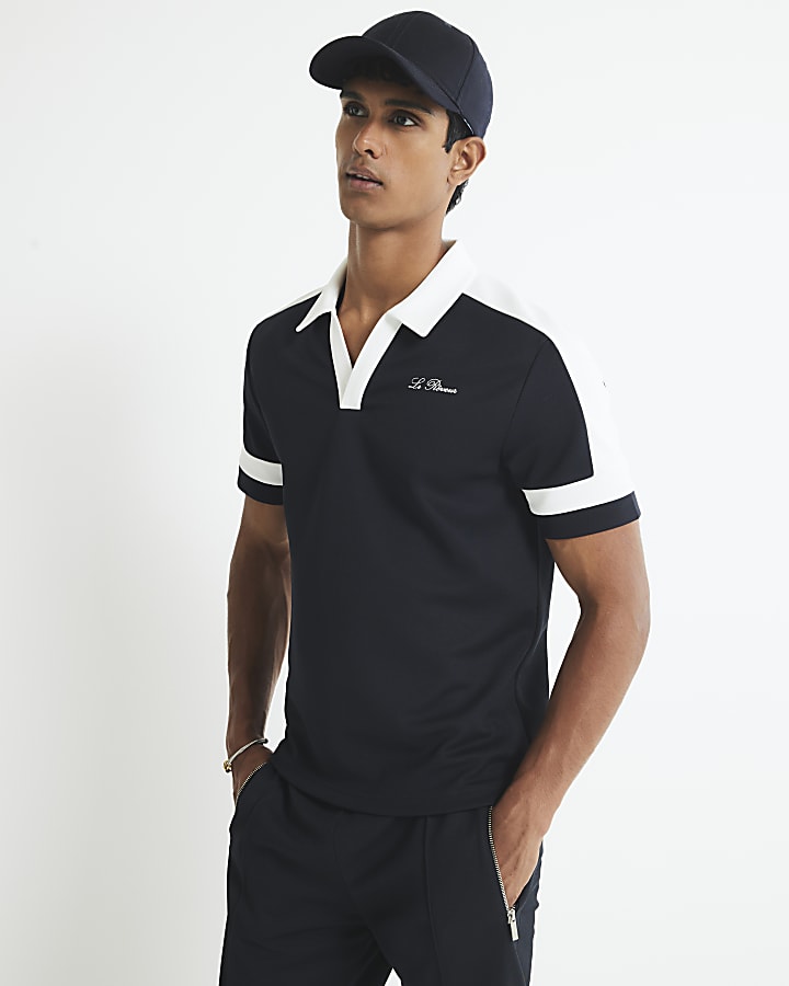 Navy Slim Fit Open Collar Polo Shirt