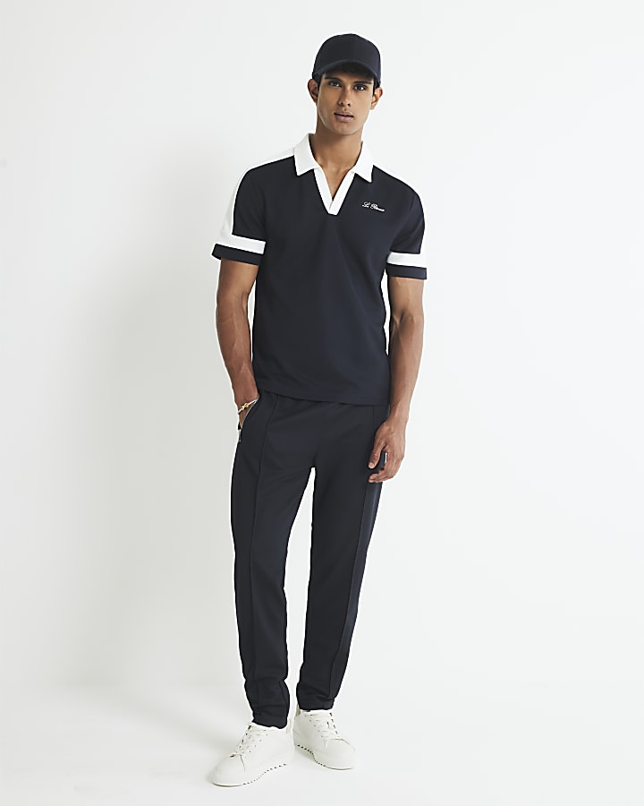 Navy Slim Fit Open Collar Polo Shirt