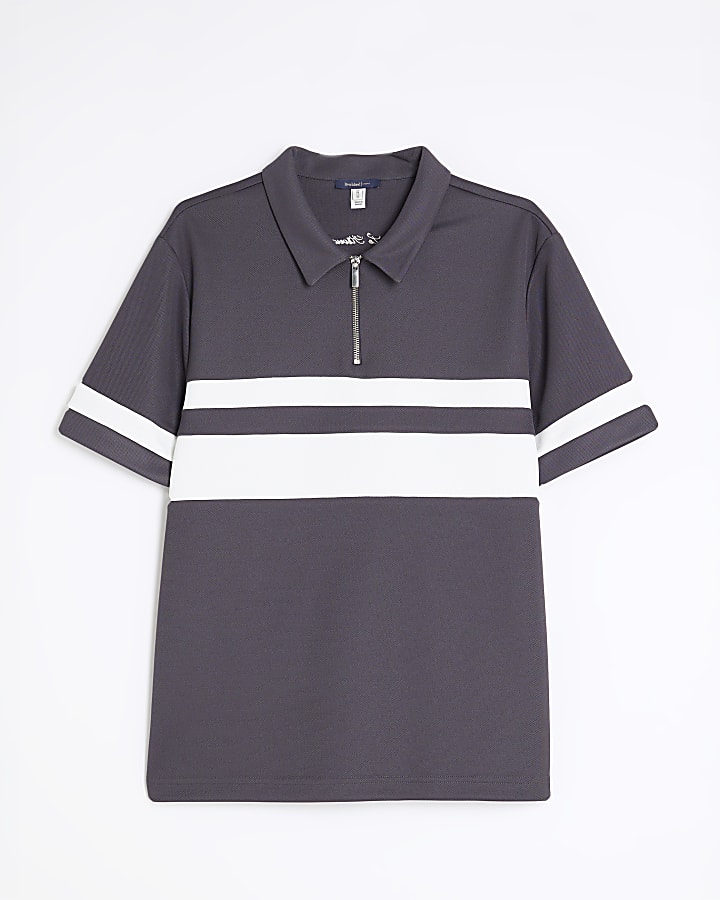 Grey Slim Fit Pique Colour Blocked Polo Shirt