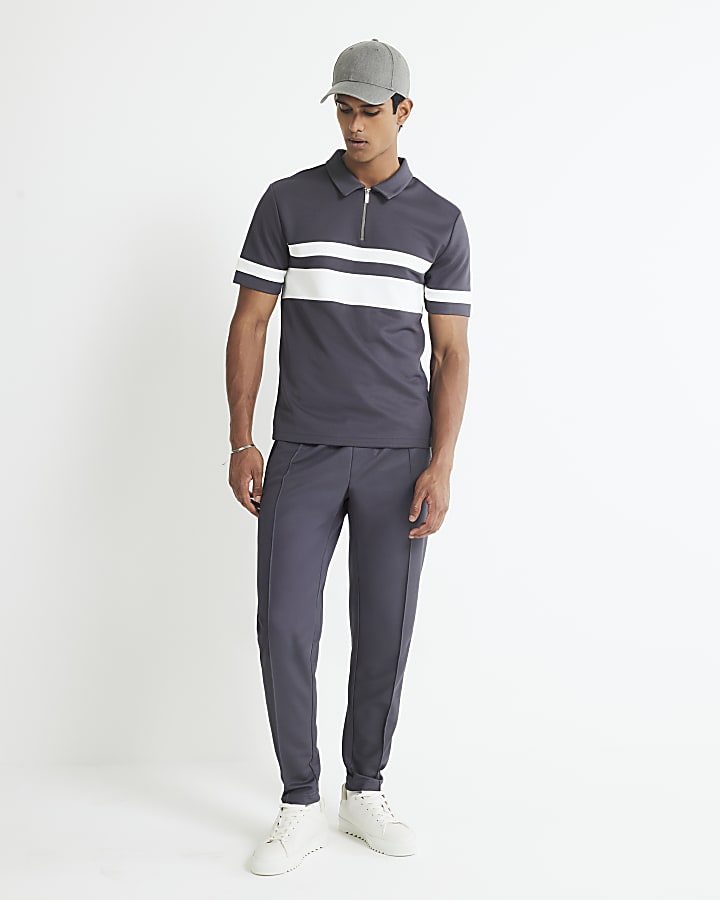 Grey Slim Fit Pique Colour Blocked Polo Shirt