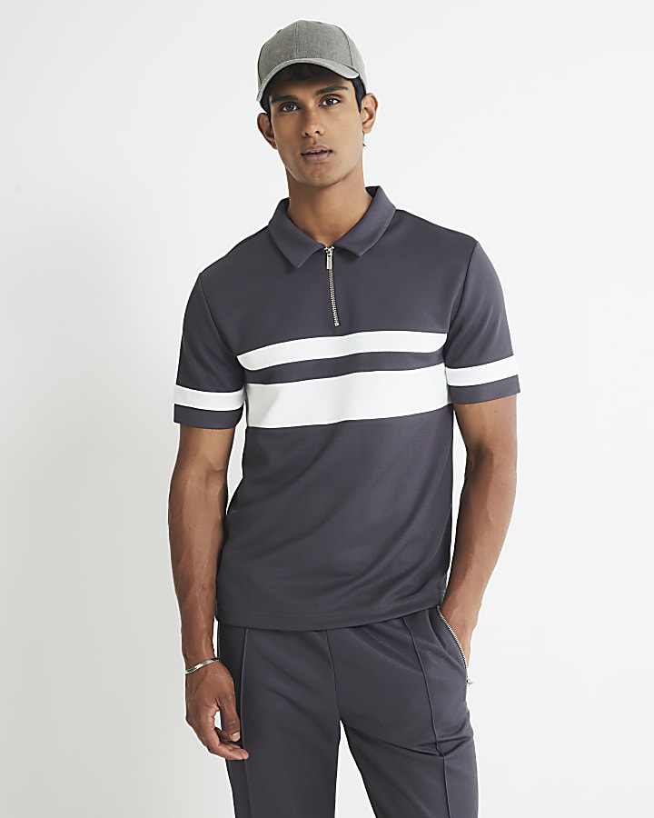 Grey Slim Fit Pique Colour Blocked Polo Shirt