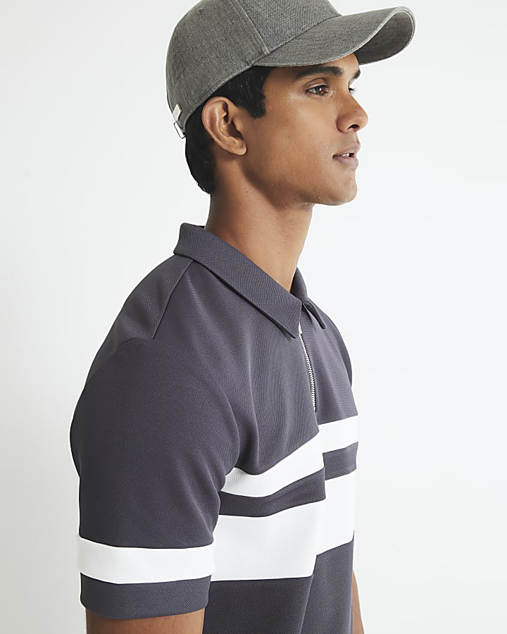 Grey Slim Fit Pique Colour Blocked Polo Shirt