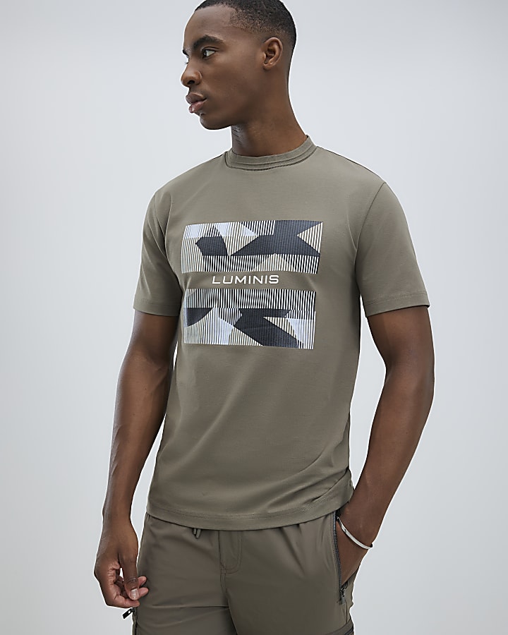 Brown Slim Fit Geometric Luminis T-Shirt