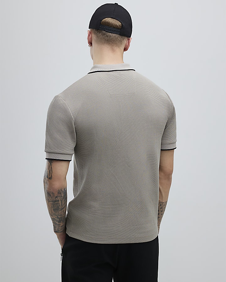 Beige Slim Fit Textured Polo Shirt