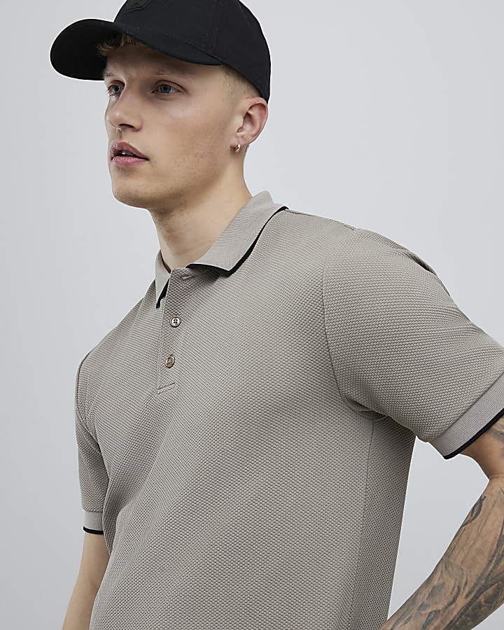 Beige Slim Fit Textured Polo Shirt
