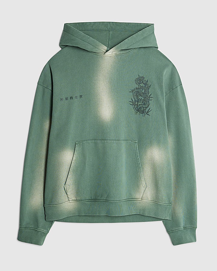 Green Oversized Fit Japanese Snake Hoodie