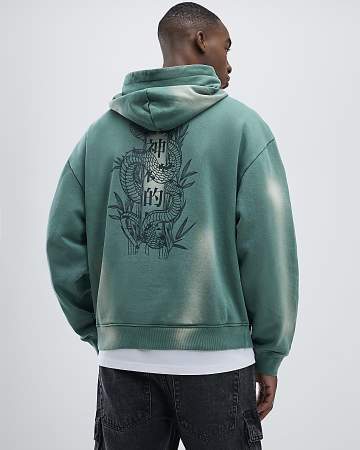 Green Oversized Fit Japanese Snake Hoodie