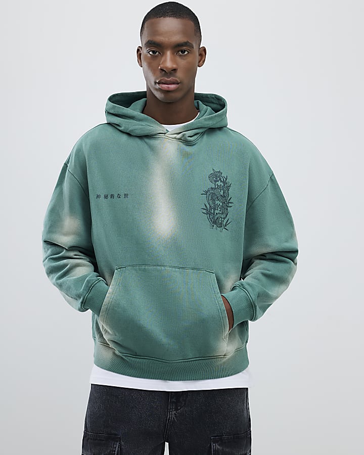 Green Oversized Fit Japanese Snake Hoodie