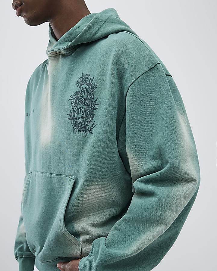 Green Oversized Fit Japanese Snake Hoodie