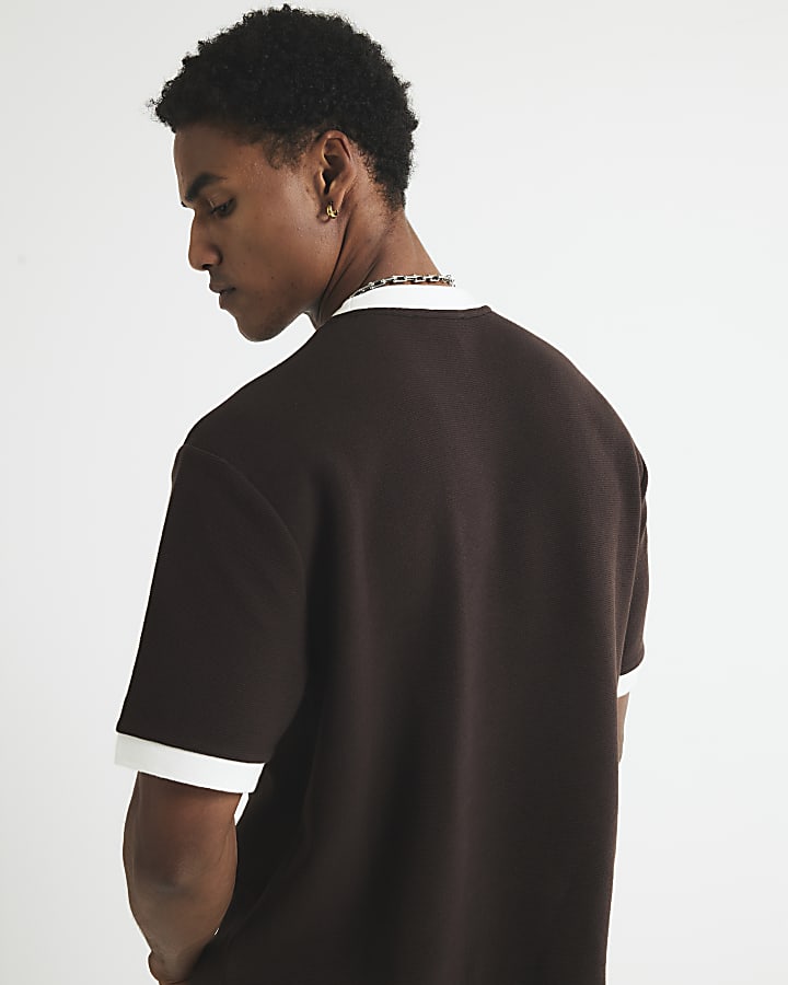 Brown Regular Fit Football Ottoman T-Shirt