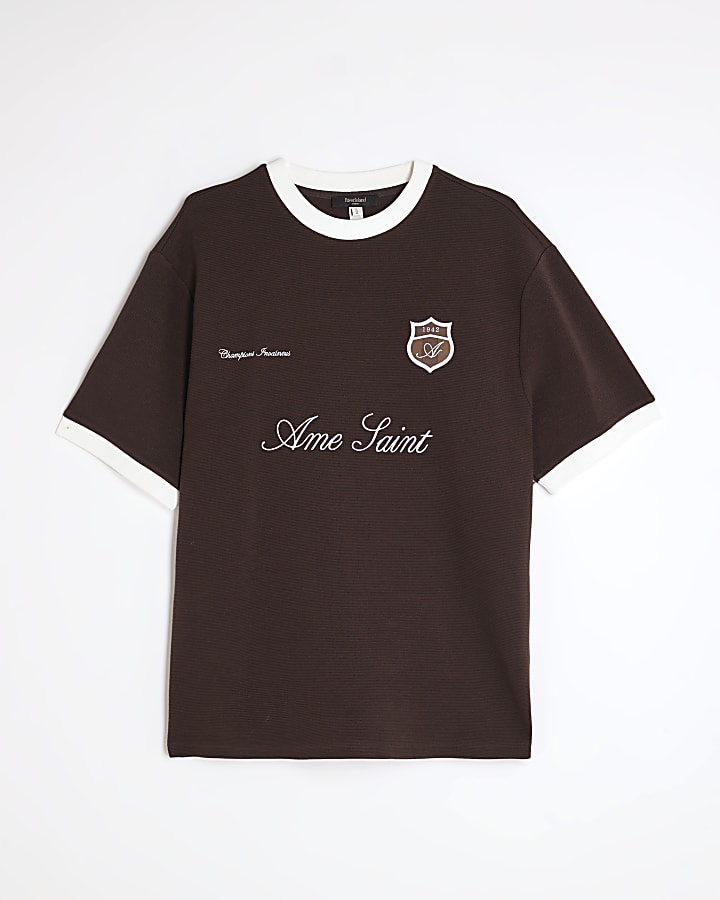 Brown Regular Fit Football Ottoman T-Shirt