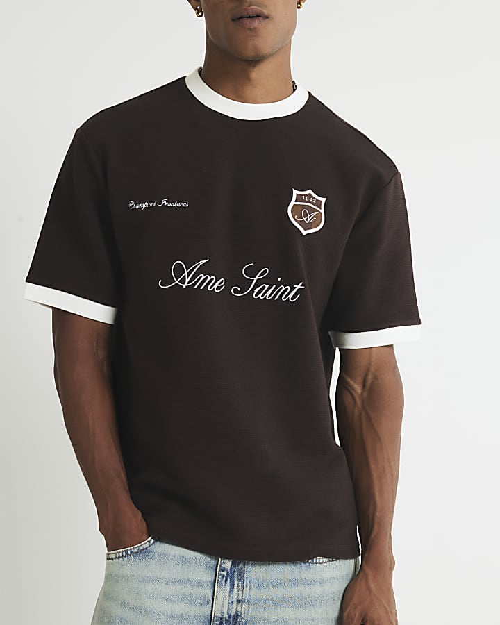 Brown Regular Fit Football Ottoman T-Shirt