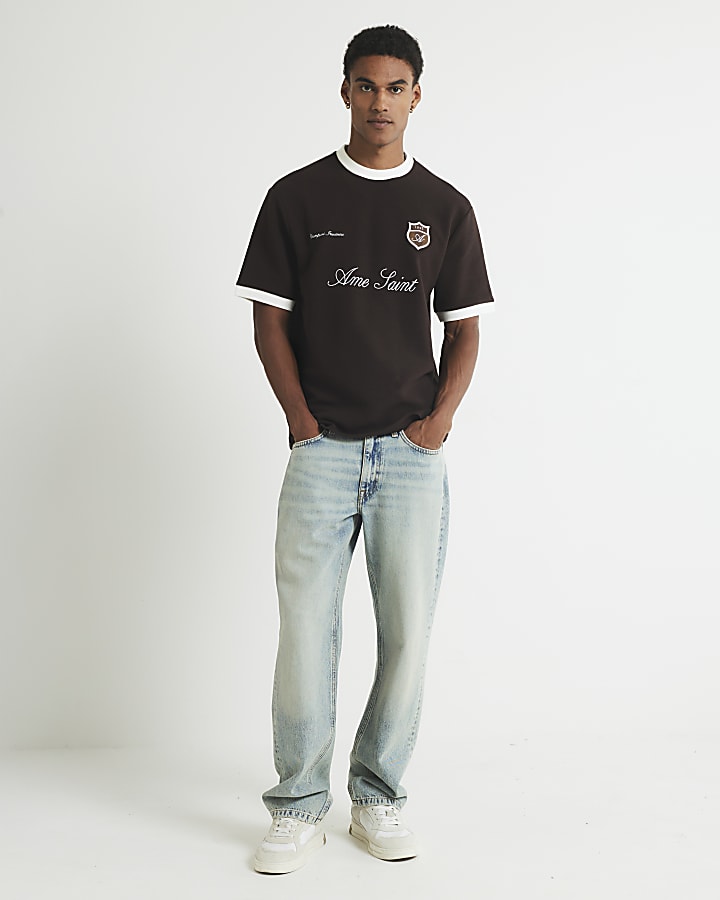 Brown Regular Fit Football Ottoman T-Shirt