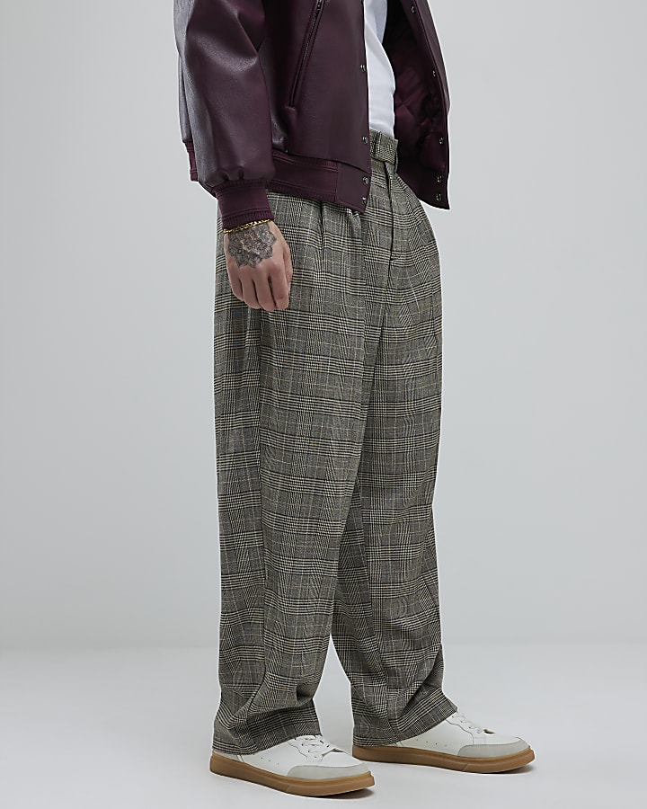 Brown Wide Leg Check Trousers